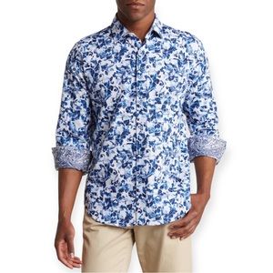ROBERT GRAHAM Pickens Button-Up Shirt Swirl Print Linen Cotton Flip Cuff NWT
